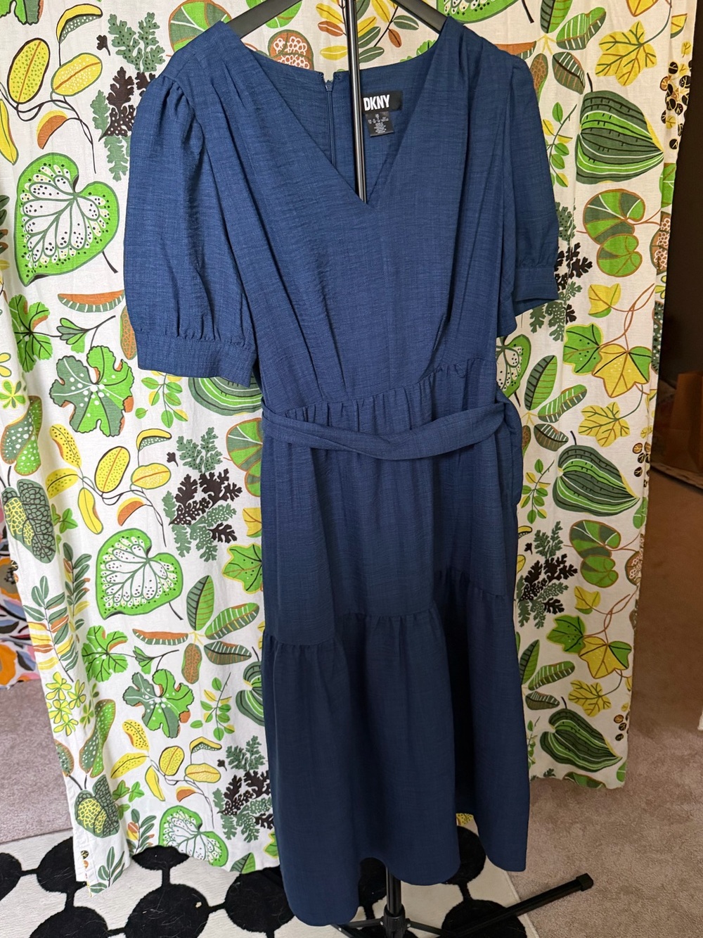 DKNY Size 16 Navy Blue Puff Sleeve Tiered Midi Dress Belted